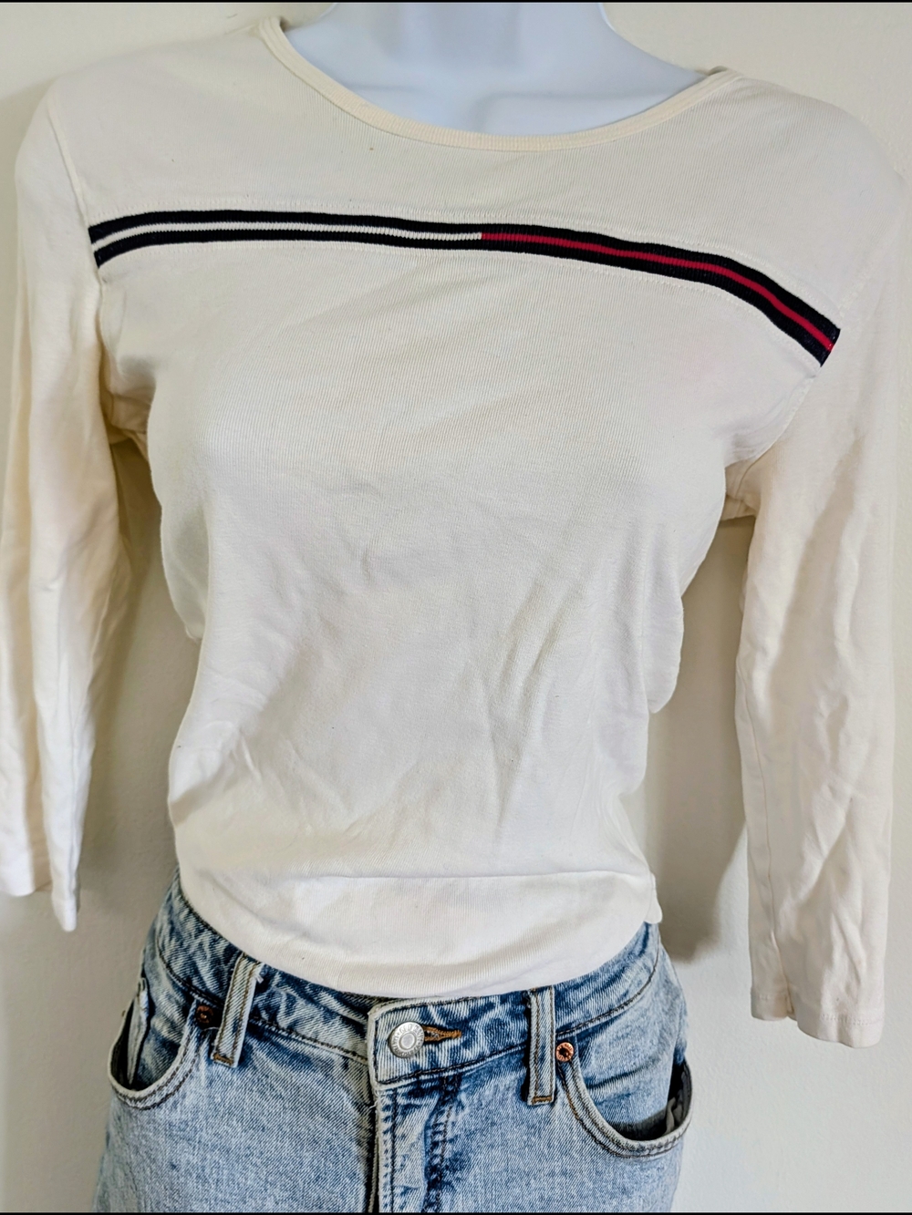 Vintage Tommy Hilfiger Cream Long-Sleeve Top with Black and Red Stripe